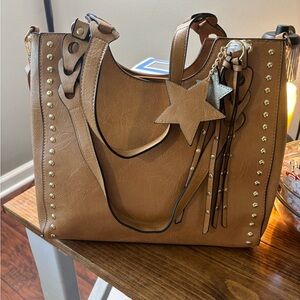 Chic Tan Studded Shoulder Bag with Star Charm